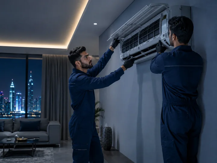 فنيان يقومان بتركيب وحدة تكييف سبليت
